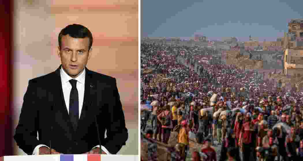 French President Emmanuel Macron (left), Palestinians walk in lines after receiving aid at a distribution point in central Gaza, where recent incidents involving Israeli forces have left hundreds dead. French President Emmanuel Macron (left), Palestinians walk in lines after receiving aid at a distribution point in central Gaza, where recent incidents involving Israeli forces have left hundreds dead.
