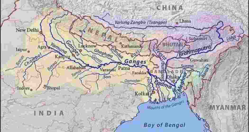 A representation of the Ganga River running from its origin in the Himalayas merging with other major rivers, including the Brahmaputra and the Meghna, before flowing into the Bay of Bengal. A representation of the Ganga River running from its origin in the Himalayas merging with other major rivers, including the Brahmaputra and the Meghna, before flowing into the Bay of Bengal.