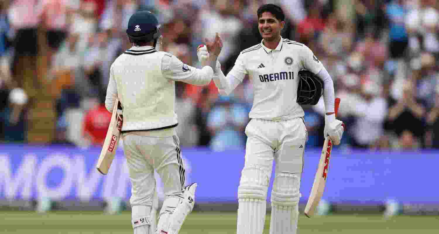 Ravindra Jadeja congratulating Shubman Gill after the India captain reached his century on the fourth day of the second Test match against England at Edgbaston on Saturday. Ravindra Jadeja congratulating Shubman Gill after the India captain reached his century on the fourth day of the second Test match against England at Edgbaston on Saturday.