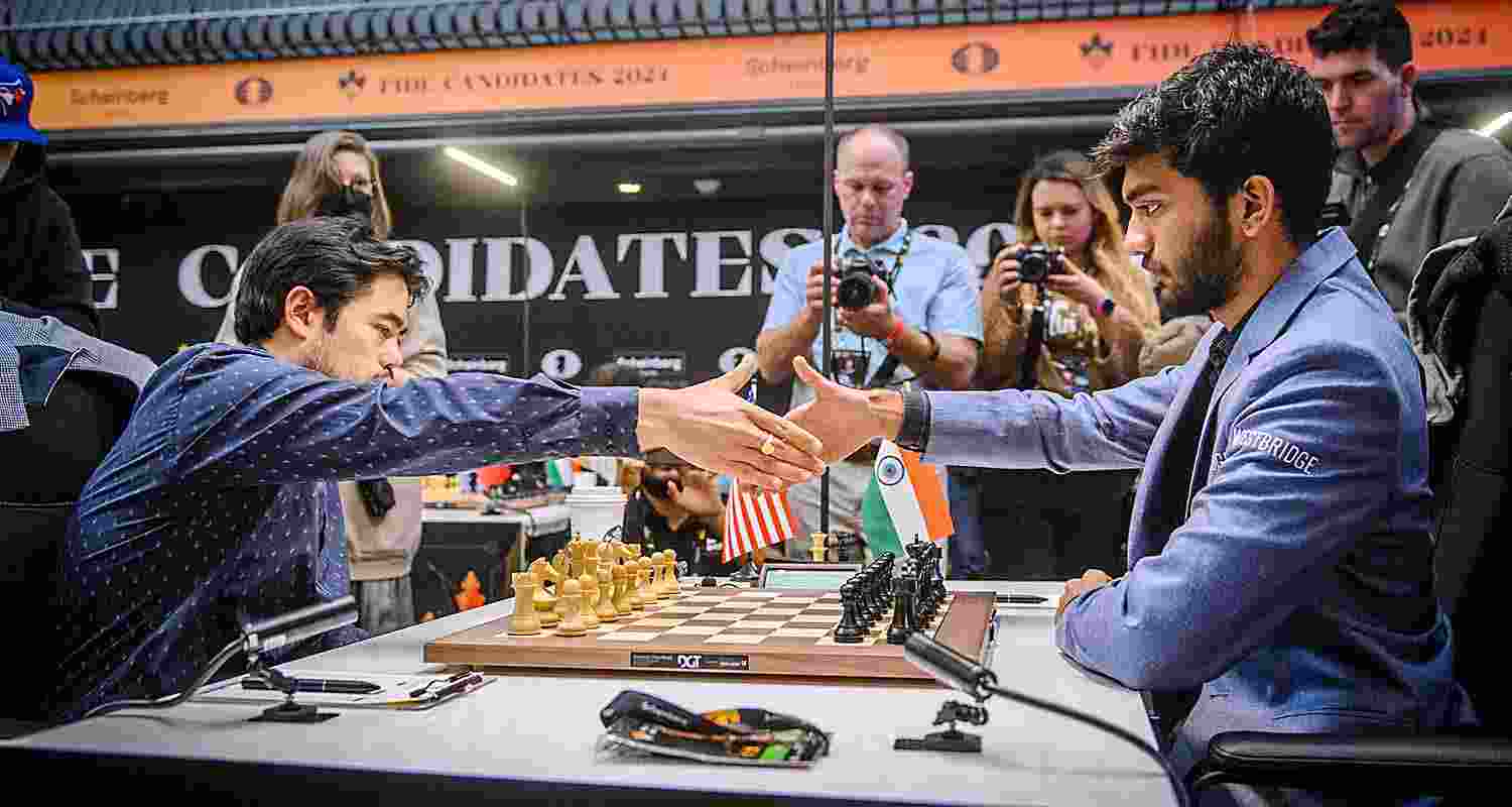 Grandmaster D. Gukesh of India during his Round 14 match against Grandmaster Hikaru Nakamura of USA at the FIDE Candidates 2024 chess tournament, in Toronto, Canada Grandmaster D. Gukesh of India during his Round 14 match against Grandmaster Hikaru Nakamura of USA at the FIDE Candidates 2024 chess tournament, in Toronto, Canada