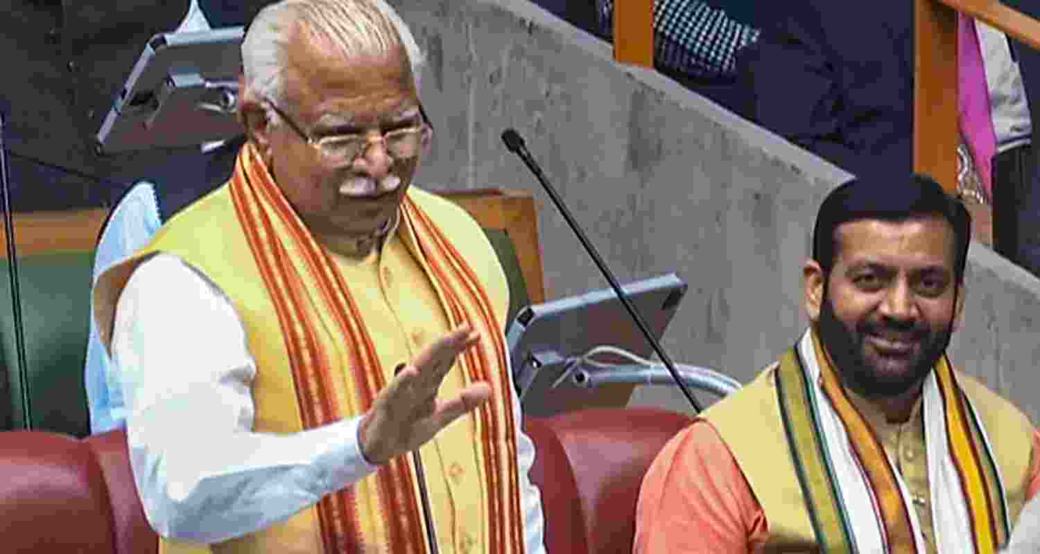 Former Haryana chief minister Manohar Lal speaks in the state assembly during voting on the confidence motion moved by Chief Minister Nayab Singh Saini. Former Haryana chief minister Manohar Lal speaks in the state assembly during voting on the confidence motion moved by Chief Minister Nayab Singh Saini.