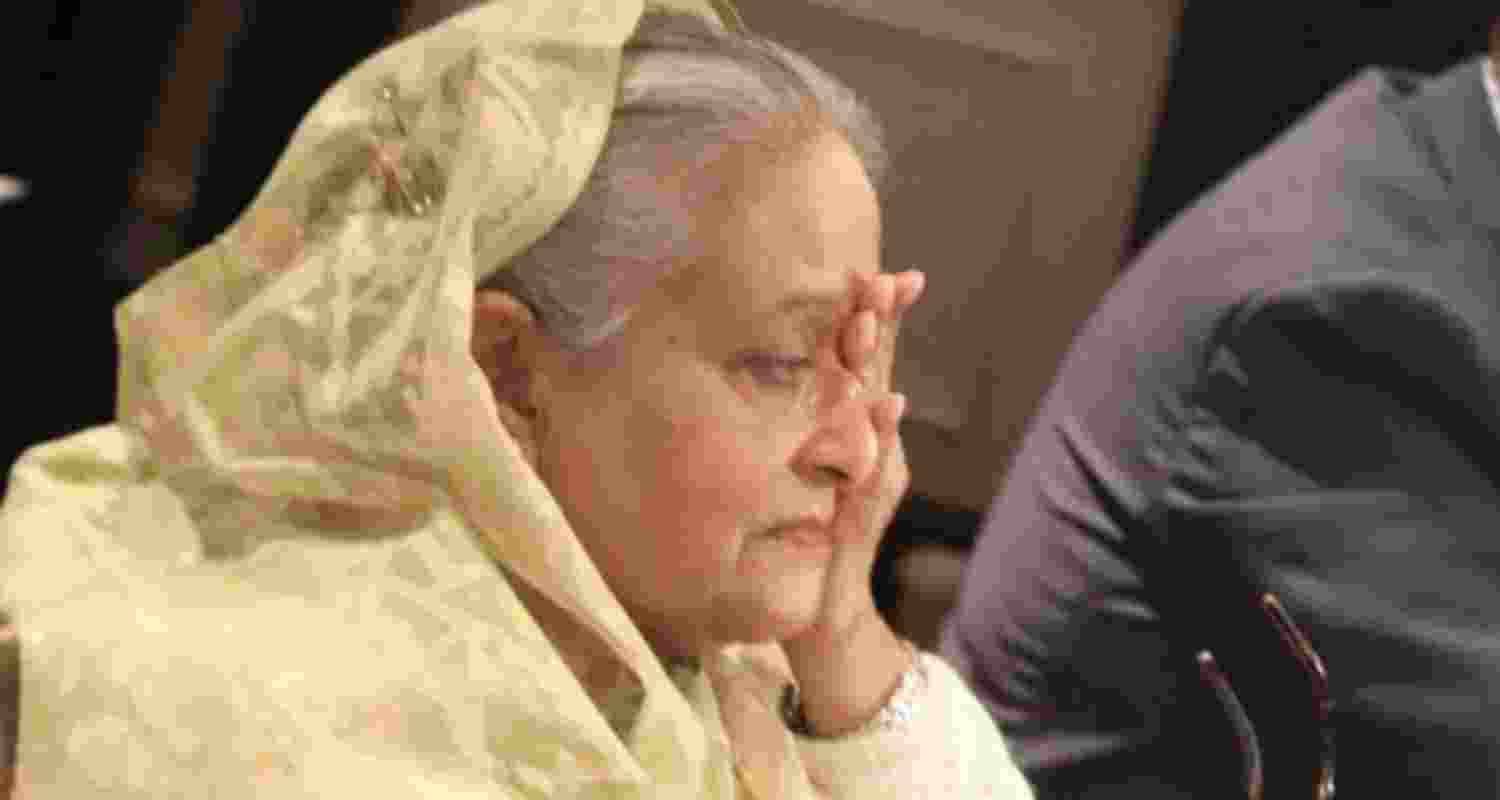 Sheikh Hasina in tears after mob vandalises father's house in Dhaka. Image: X Sheikh Hasina in tears after mob vandalises father's house in Dhaka. Image: X