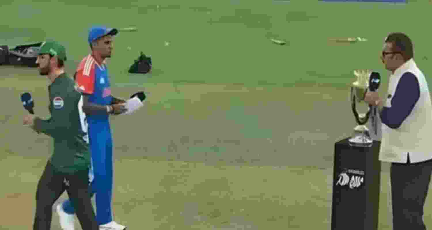 A file photograph of Indian skipper Suryakumar Yadav giving a cold shoulder to his Pakistan counterpart on Sunday. A file photograph of Indian skipper Suryakumar Yadav giving a cold shoulder to his Pakistan counterpart on Sunday.