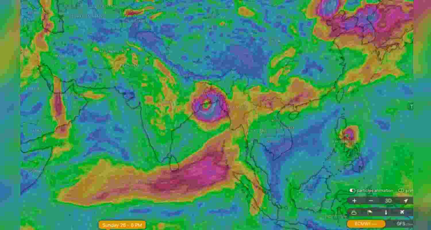 Low-pressure area formed over Bay of Bengal readies to intensify into cyclone Remal. (Screengrab: Windy.com). Low-pressure area formed over Bay of Bengal readies to intensify into cyclone Remal. (Screengrab: Windy.com).