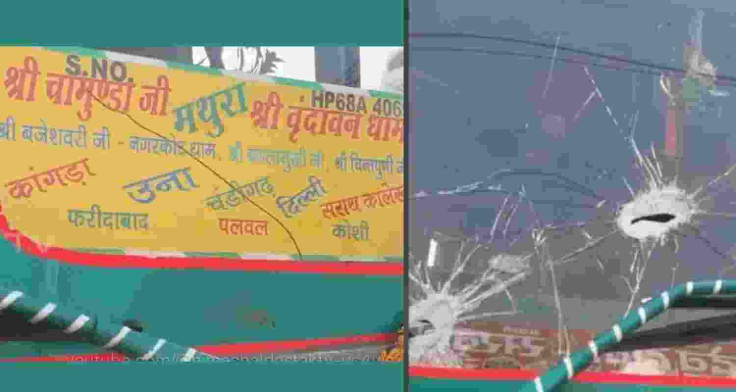 Himdhara bus on its way from Shri Chamunda Nandikeshwar Dham to Vrindavan Dham was attacked by three motorcycle-borne assailants in Punjab’s Ropar district. Himdhara bus on its way from Shri Chamunda Nandikeshwar Dham to Vrindavan Dham was attacked by three motorcycle-borne assailants in Punjab’s Ropar district.