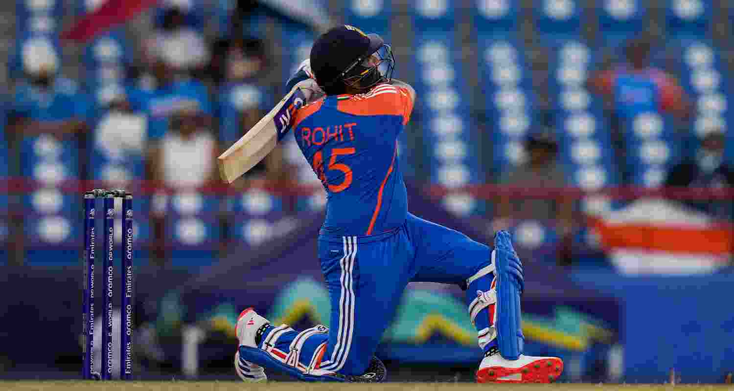 India's captain Rohit Sharma plays a shot for six runs against Australia during an ICC Men's T20 World Cup cricket match at Darren Sammy National Cricket Stadium in Gros Islet, Saint Lucia, Monday, June 24. India's captain Rohit Sharma plays a shot for six runs against Australia during an ICC Men's T20 World Cup cricket match at Darren Sammy National Cricket Stadium in Gros Islet, Saint Lucia, Monday, June 24.