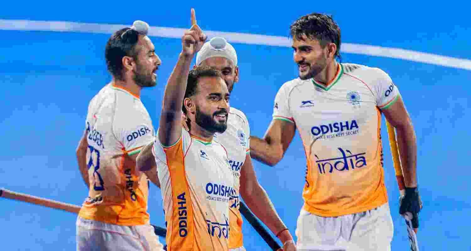 Indian players celebrating after scoring a decisive goal against Malaysia. Indian players celebrating after scoring a decisive goal against Malaysia.