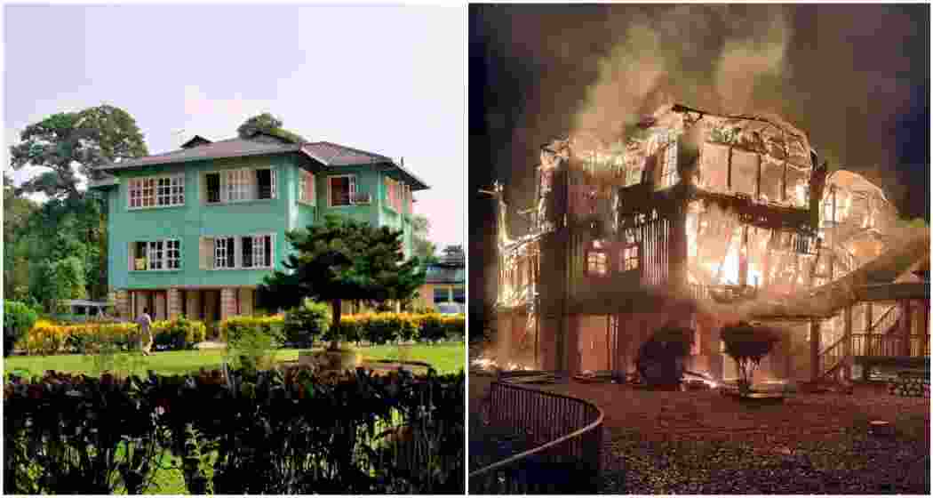 An earlier image of the iconic Hollong bungalow (L). The bungalow engulfed in flames (R). An earlier image of the iconic Hollong bungalow (L). The bungalow engulfed in flames (R).