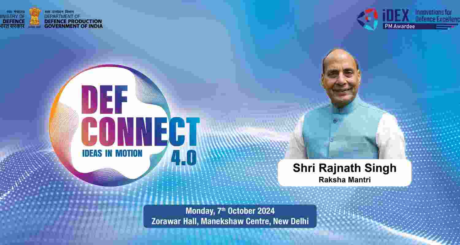 Defence Minister Rajnath Singh To Inaugurate DefConnect 4.0 Aiming to Boost Indigenious Defence Capabilities. Image X. Defence Minister Rajnath Singh To Inaugurate DefConnect 4.0 Aiming to Boost Indigenious Defence Capabilities. Image X.