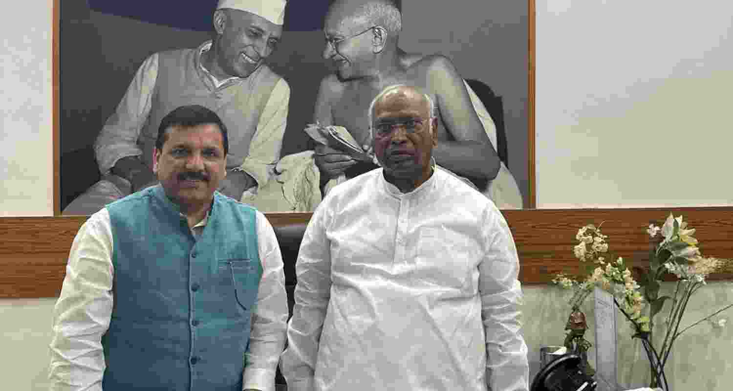 Sanjay Singh from the AAP meets Congress' Kharge to discuss Common Minimum Programme. Image X. Sanjay Singh from the AAP meets Congress' Kharge to discuss Common Minimum Programme. Image X.