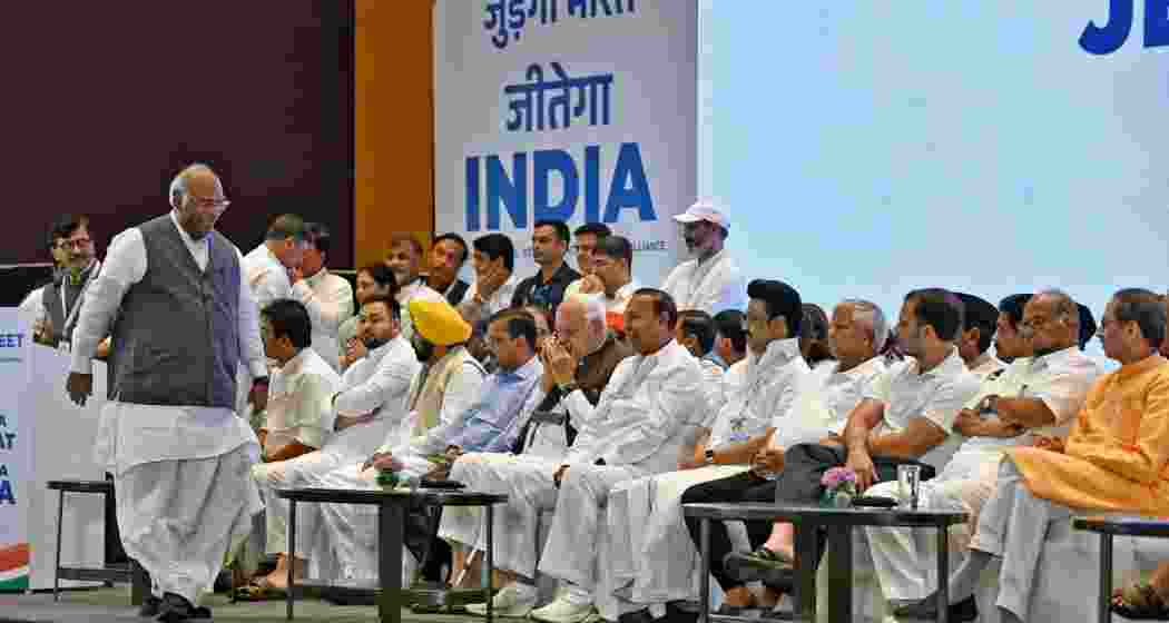 Opposition's Indian National Developmental Inclusive Alliance (INDIA) leaders during a press conference after the bloc leaders meeting, in Mumbai. Opposition's Indian National Developmental Inclusive Alliance (INDIA) leaders during a press conference after the bloc leaders meeting, in Mumbai.