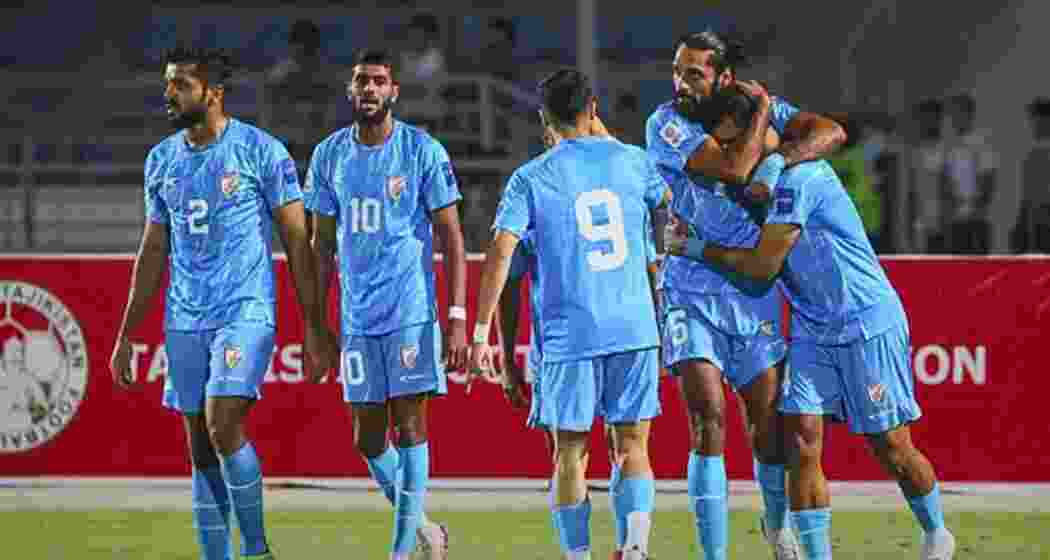 Indian footballers battle for possession during their CAFA Nations Cup clash against Afghanistan in Hisor on Thursday. Indian footballers battle for possession during their CAFA Nations Cup clash against Afghanistan in Hisor on Thursday.
