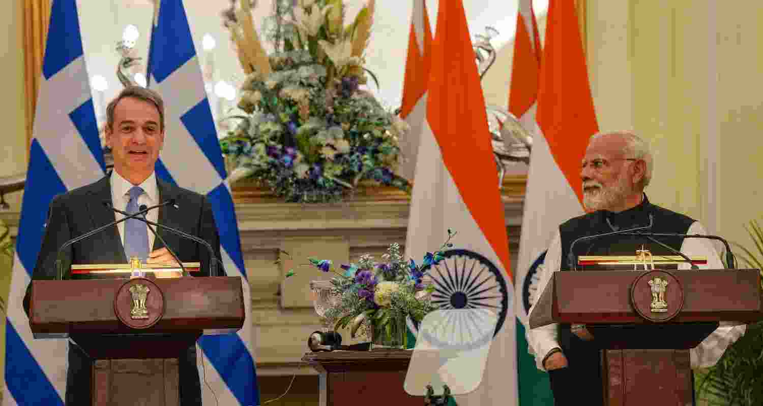 Prime Minister Narendra Modi and Prime Minister of Greece Kyriakos Mitsotakis during a joint press statement after their meeting, at the Hyderabad House, in New Delhi on Wednesday. Prime Minister Narendra Modi and Prime Minister of Greece Kyriakos Mitsotakis during a joint press statement after their meeting, at the Hyderabad House, in New Delhi on Wednesday.