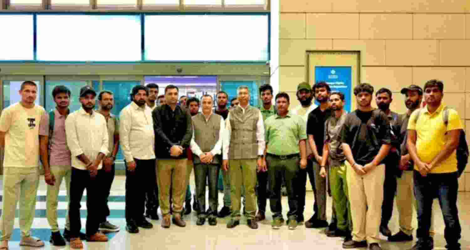 Indian Ambassador to Oman Prashant Pise interacts with rescued crew members of MT Settebello before their departure for India. Indian Ambassador to Oman Prashant Pise interacts with rescued crew members of MT Settebello before their departure for India.