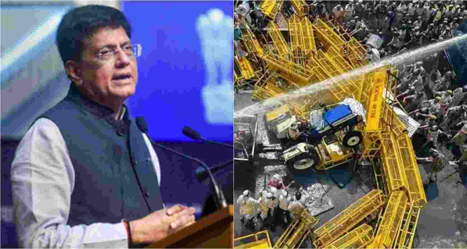Minister of Commerce & Industry, Consumer Affairs & Food & Public Distribution and Textiles, Piyush Goyal (left). Police use water cannons to disperse farmers protesting at Delhi-UP border during 'Kisan Kranti Padyatra' in New Delhi (right). Minister of Commerce & Industry, Consumer Affairs & Food & Public Distribution and Textiles, Piyush Goyal (left). Police use water cannons to disperse farmers protesting at Delhi-UP border during 'Kisan Kranti Padyatra' in New Delhi (right).