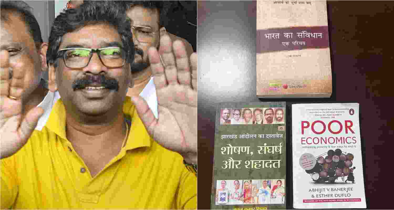 Jailed ex-Jharkhand CM Hemant Soren (left). Books Soren has decided to read inside the jail (Right) Jailed ex-Jharkhand CM Hemant Soren (left). Books Soren has decided to read inside the jail (Right)