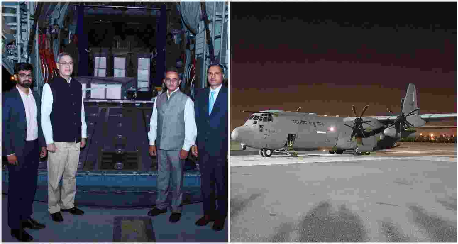 A special IAF aircraft, carrying the mortal remains of 45 Indian victims of the Kuwait fire incident, departs for Kochi. Minister Kirti Vardhan Singh, who coordinated the repatriation, is onboard. A special IAF aircraft, carrying the mortal remains of 45 Indian victims of the Kuwait fire incident, departs for Kochi. Minister Kirti Vardhan Singh, who coordinated the repatriation, is onboard.