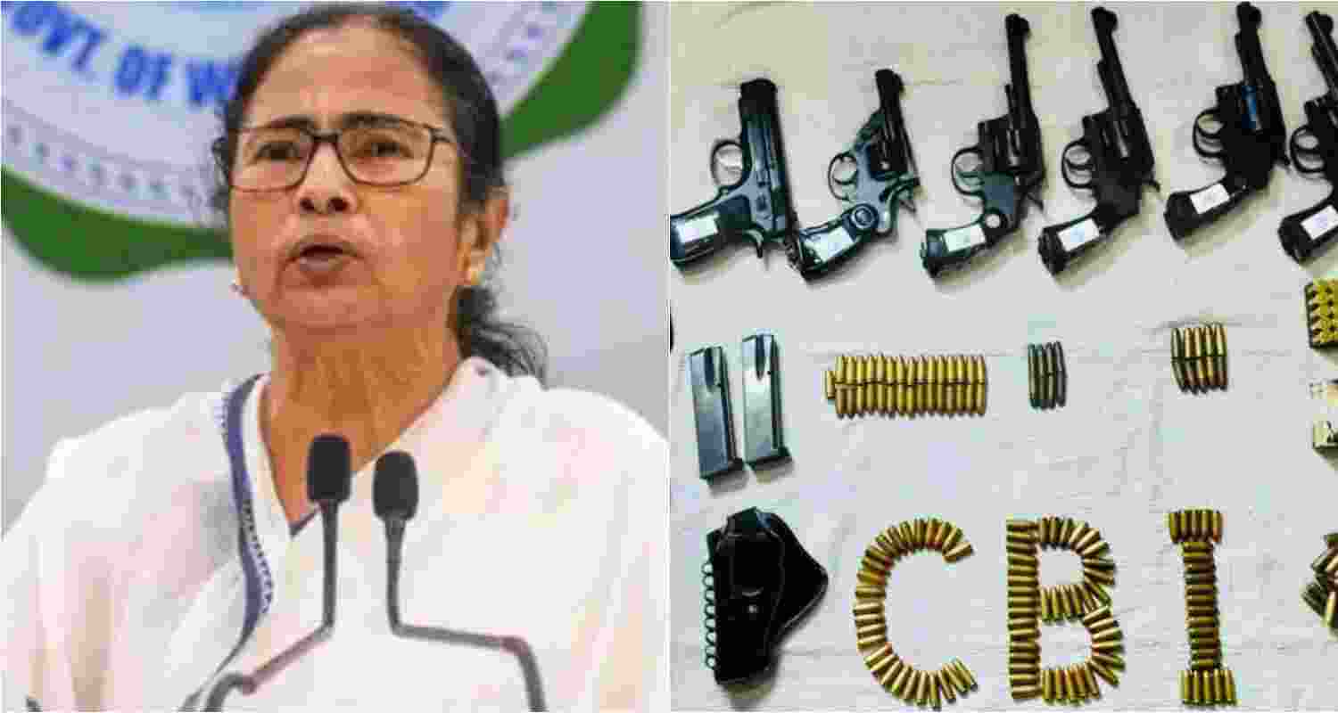 TMC Supremo Mamata Banerjee (L), the arms and ammunition recovered by the CBI during a raid in Sandeshkhali, West Bengal (R). TMC Supremo Mamata Banerjee (L), the arms and ammunition recovered by the CBI during a raid in Sandeshkhali, West Bengal (R).