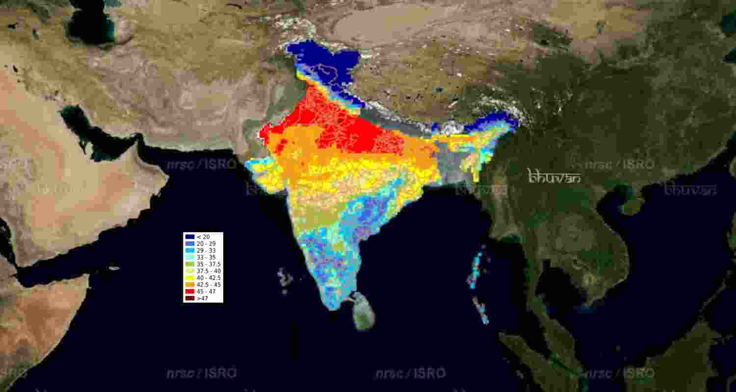 Temperature-based heat mapping by ISRO's remote sensing satellites. Temperature-based heat mapping by ISRO's remote sensing satellites.