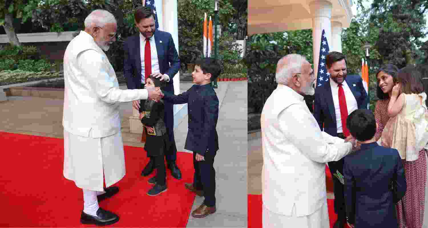 PM Narendra Modi with US Vice President JD Vance and his two sons. PM Narendra Modi with US Vice President JD Vance and his two sons.