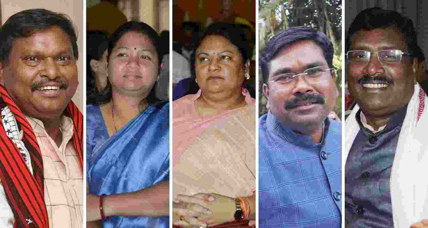 From left to right: Arjun Munda, Gita Koda, Sita Soren, Samir Oraon, Tala Marandi. From left to right: Arjun Munda, Gita Koda, Sita Soren, Samir Oraon, Tala Marandi.