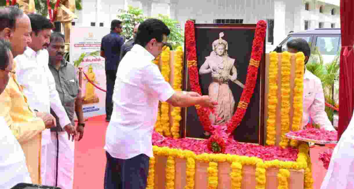 Tamil Nadu Chief Minister MK Stalin inaugurated a newly-installed statue of the freedom fighter Veeramangai Rani Velunachiar, set up at a cost of ₹50 lakh at the Gandhi Mandapam premises in Chennai, on Friday. Tamil Nadu Chief Minister MK Stalin inaugurated a newly-installed statue of the freedom fighter Veeramangai Rani Velunachiar, set up at a cost of ₹50 lakh at the Gandhi Mandapam premises in Chennai, on Friday.