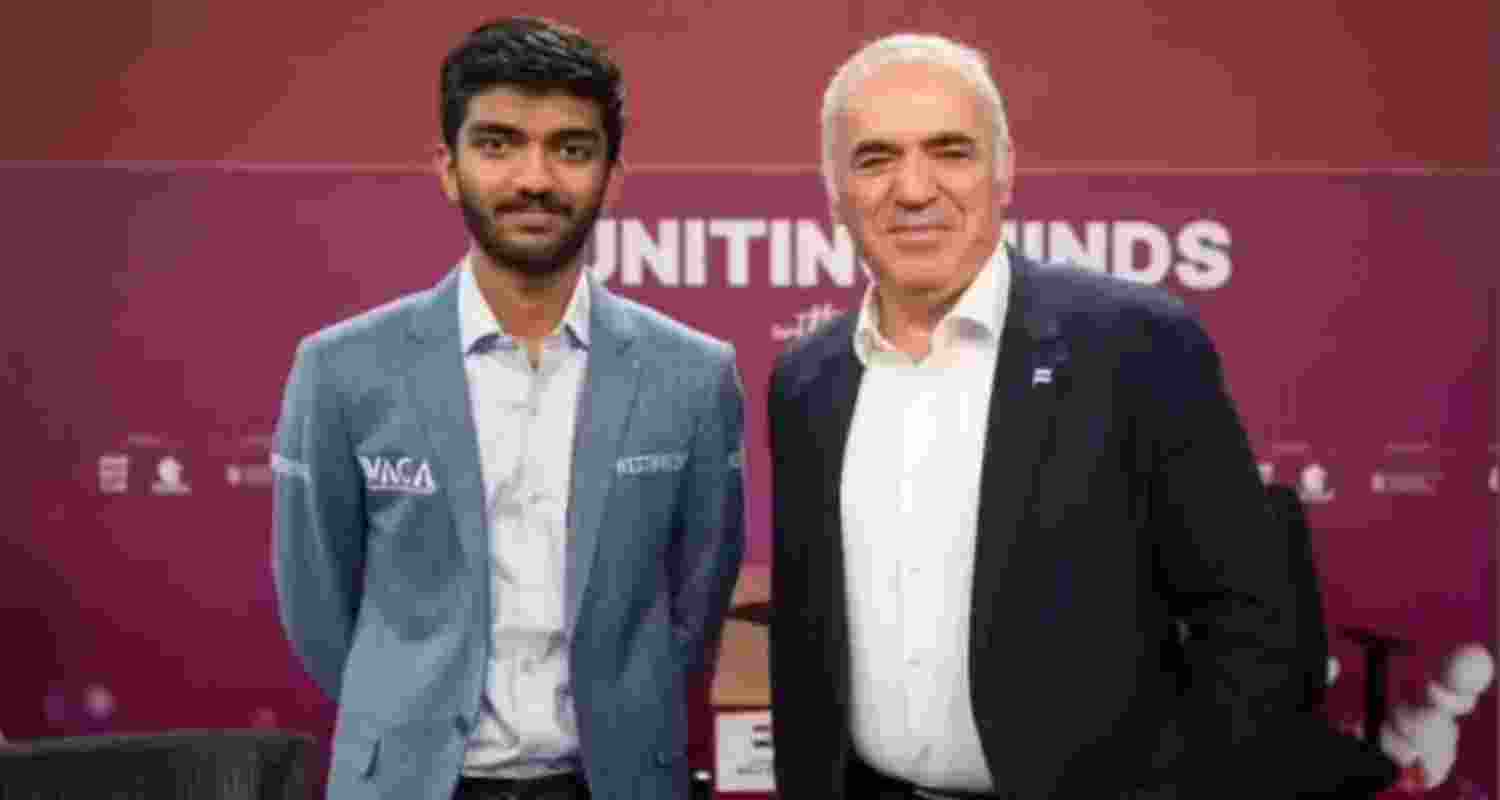 D Gukesh and Garry Kasparov pose for a picture. Via Garry Kasparov on Facebook. D Gukesh and Garry Kasparov pose for a picture. Via Garry Kasparov on Facebook.