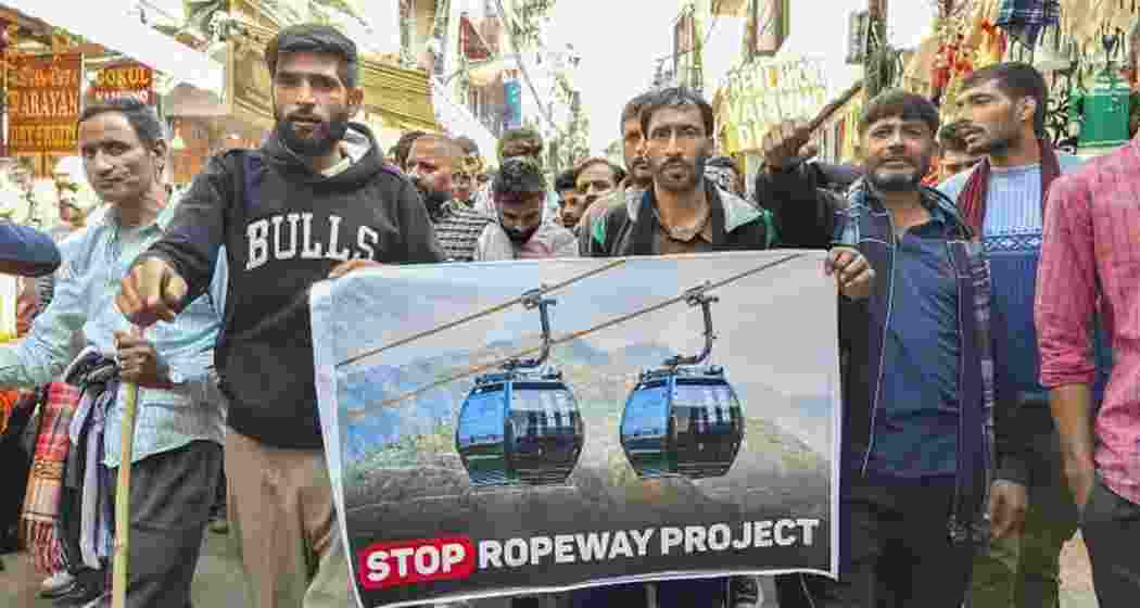 Protestors against the Katra ropeway project ferrying pilgrims to Vaishno Devi. File photo. Protestors against the Katra ropeway project ferrying pilgrims to Vaishno Devi. File photo.