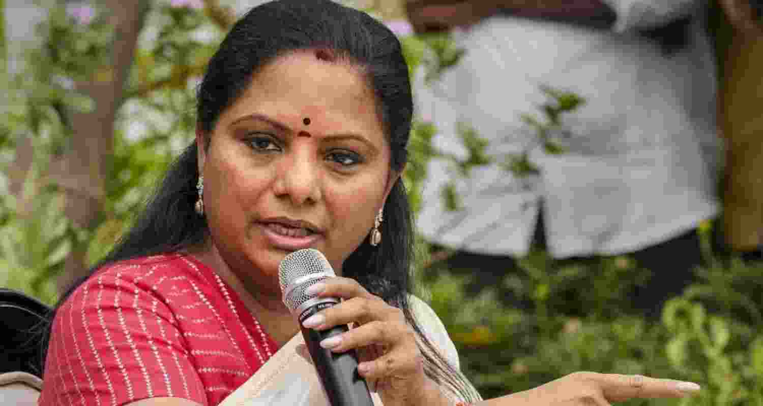 A picture of BRS leader K Kavitha speaking at an event. A picture of BRS leader K Kavitha speaking at an event.