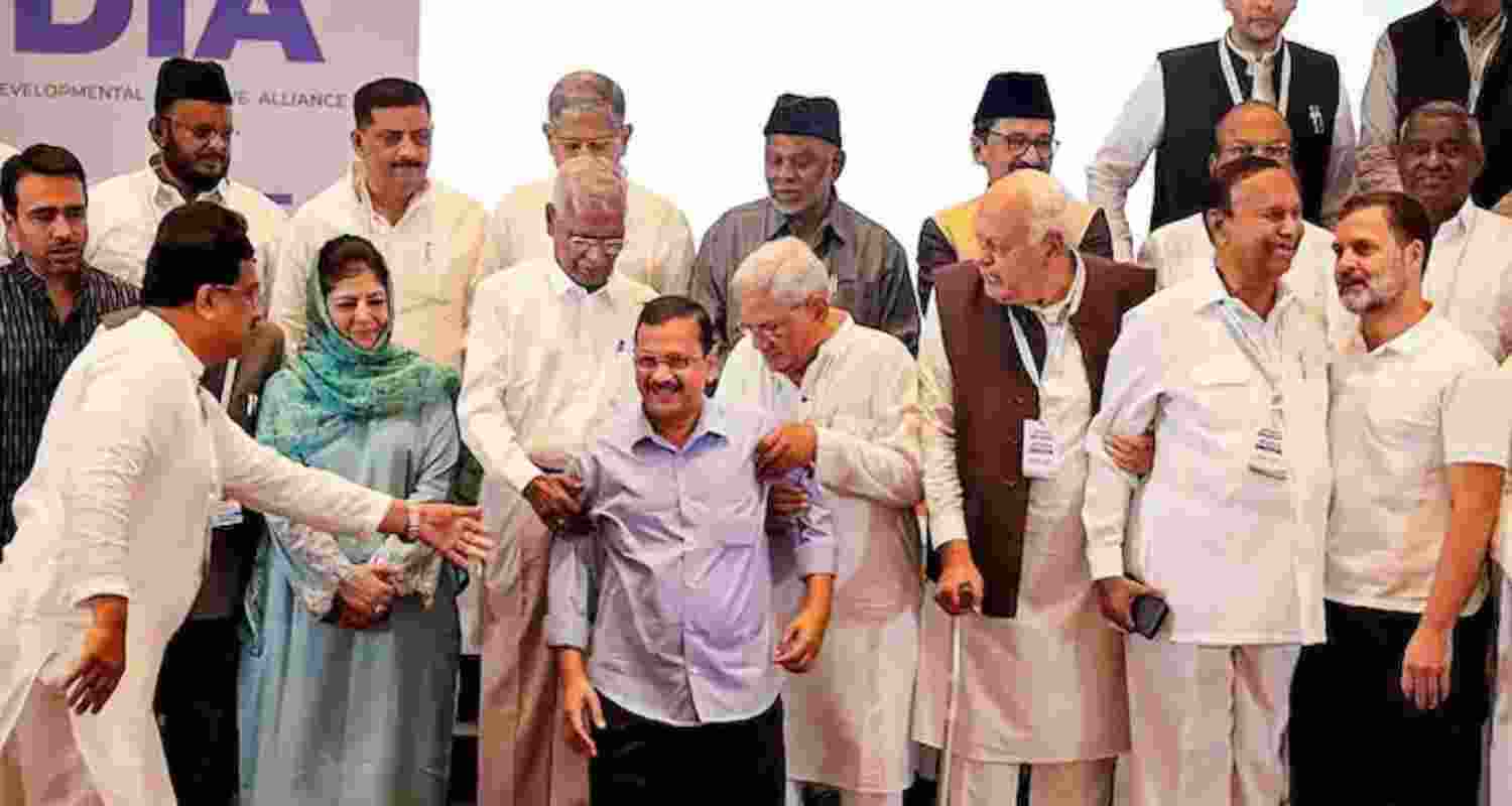 Delhi CM and AAP Convenor Arvind Kejriwal with other INDIA bloc leaders. Delhi CM and AAP Convenor Arvind Kejriwal with other INDIA bloc leaders.