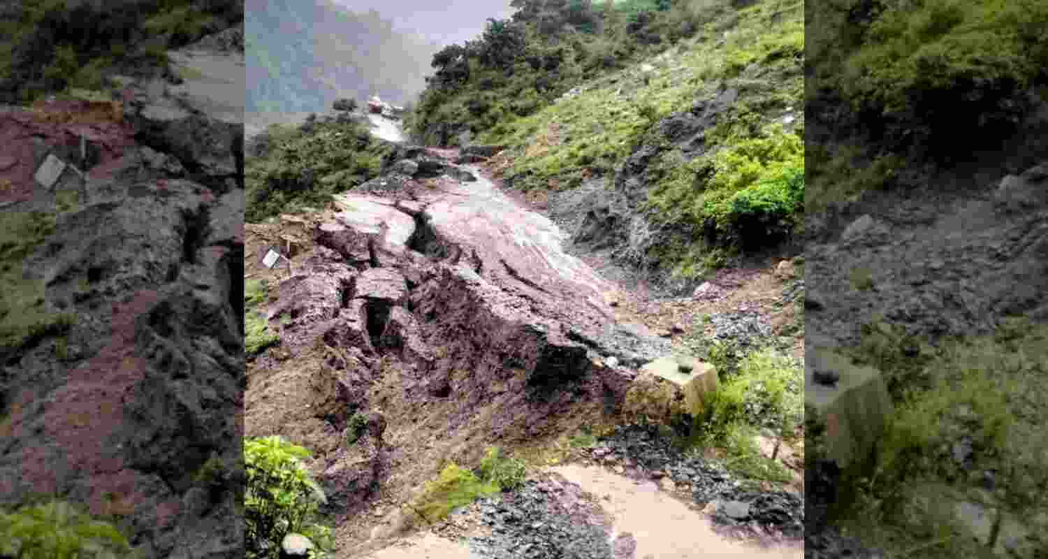 Lahru-Chowari link road stretch suffers massive damage due to rain on Friday. Lahru-Chowari link road stretch suffers massive damage due to rain on Friday.