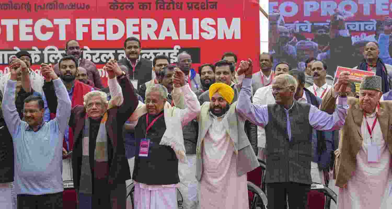 Delhi Chief Minister Arvind Kejriwal, Kerala Chief Minister Pinarayi Vijayan, Punjab Chief Minister Bhagwant Mann, Jammu and Kashmir National Conference President Farooq Abdullah, Communist Party of India (CPI) General Secretary D Raja, CPI(M) General Secretary Sitaram Yechury and others during LDF's protest against the BJP-led Centre over alleged neglect and partiality in allocation of funds to their states, at Jantar Mantar, in New Delhi on Thursday. Delhi Chief Minister Arvind Kejriwal, Kerala Chief Minister Pinarayi Vijayan, Punjab Chief Minister Bhagwant Mann, Jammu and Kashmir National Conference President Farooq Abdullah, Communist Party of India (CPI) General Secretary D Raja, CPI(M) General Secretary Sitaram Yechury and others during LDF's protest against the BJP-led Centre over alleged neglect and partiality in allocation of funds to their states, at Jantar Mantar, in New Delhi on Thursday.
