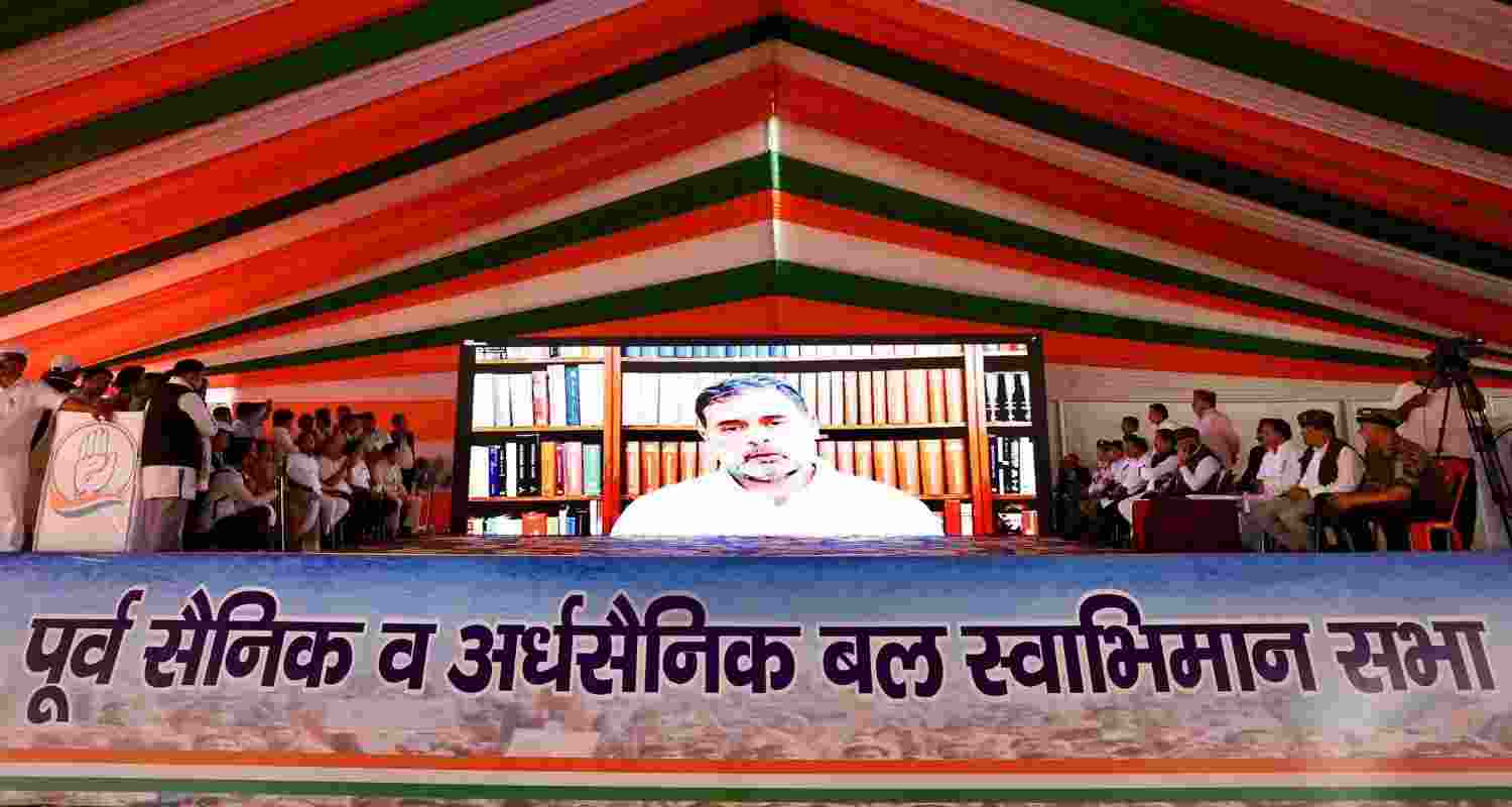 Leader of the Opposition in the Lok Sabha, Rahul Gandhi, addresses ex-servicemen via video conferencing during an event in Pauri Garhwal, Uttarakhand, on Thursday. Leader of the Opposition in the Lok Sabha, Rahul Gandhi, addresses ex-servicemen via video conferencing during an event in Pauri Garhwal, Uttarakhand, on Thursday.