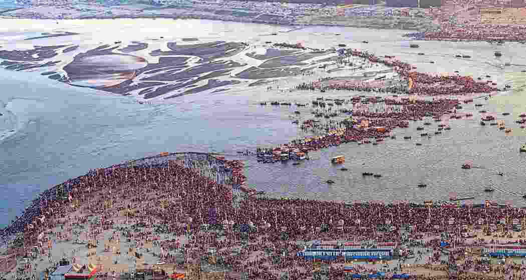 An aerial view of the Sangam area during the ongoing Maha Kumbh Mela festival, in Prayagraj, Uttar Pradesh on Friday, Feb. 7, 2025. An aerial view of the Sangam area during the ongoing Maha Kumbh Mela festival, in Prayagraj, Uttar Pradesh on Friday, Feb. 7, 2025.