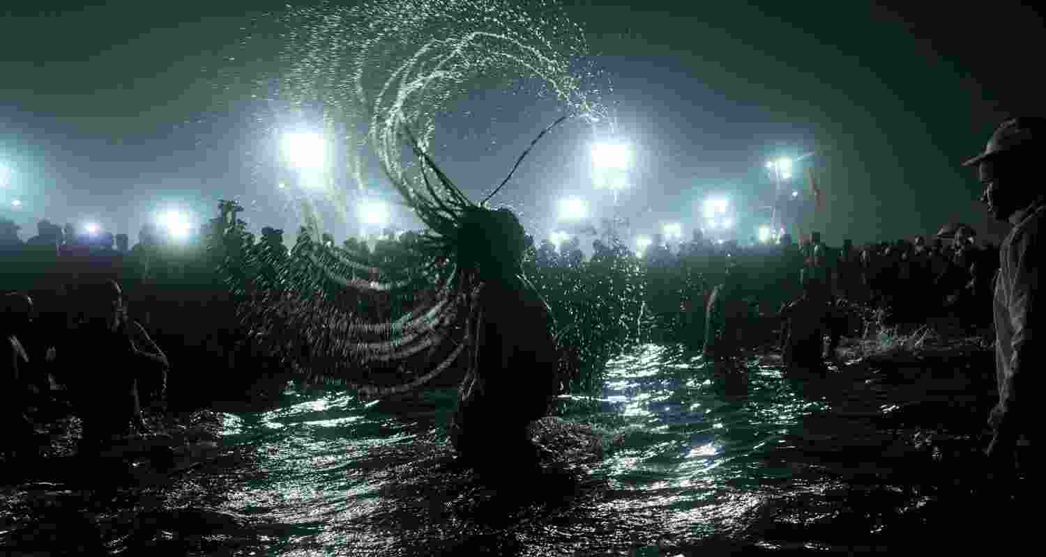 Saints and seers and seers from Akharas taking holy dip in Triveni Sangam on the occasion of Basant Panchami during the Maha Kumbh Mela, in Prayagraj, Monday. Saints and seers and seers from Akharas taking holy dip in Triveni Sangam on the occasion of Basant Panchami during the Maha Kumbh Mela, in Prayagraj, Monday.