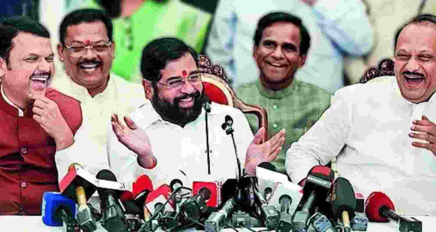 Eknath Shinde with BJP leader Devendra Fadnavis, NCP chief Ajit Pawar and other leaders at Governor house in Mumbai. Eknath Shinde with BJP leader Devendra Fadnavis, NCP chief Ajit Pawar and other leaders at Governor house in Mumbai.