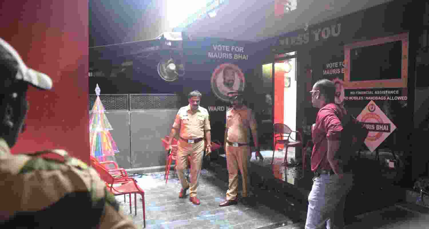 Police personnel where Shiv Sena (UBT) leader Vinod Ghosalkar's son Abhishek was shot, in Mumbai, by local social activist Mauris Noronha, who also ended his life by shooting himself, according to police. Police personnel where Shiv Sena (UBT) leader Vinod Ghosalkar's son Abhishek was shot, in Mumbai, by local social activist Mauris Noronha, who also ended his life by shooting himself, according to police.