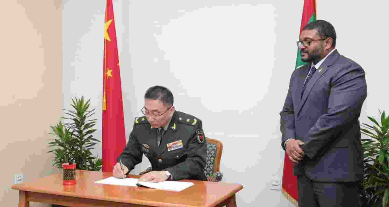 China's Major General Zhang Baoqun with Maldivian Defence Minister Mohamed Ghassan Maumoon. China's Major General Zhang Baoqun with Maldivian Defence Minister Mohamed Ghassan Maumoon.