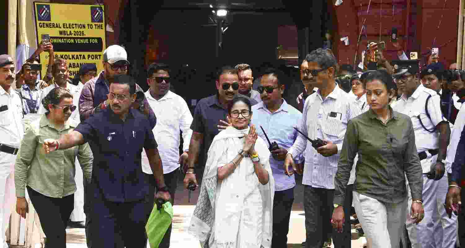West Bengal Chief Minister and TMC candidate from Bhabanipur constituency, Mamata Banerjee, waves to supporters after filing her nomination in the state Assembly elections, in Kolkata, Wednesday, April 8, 2026. West Bengal Chief Minister and TMC candidate from Bhabanipur constituency, Mamata Banerjee, waves to supporters after filing her nomination in the state Assembly elections, in Kolkata, Wednesday, April 8, 2026.