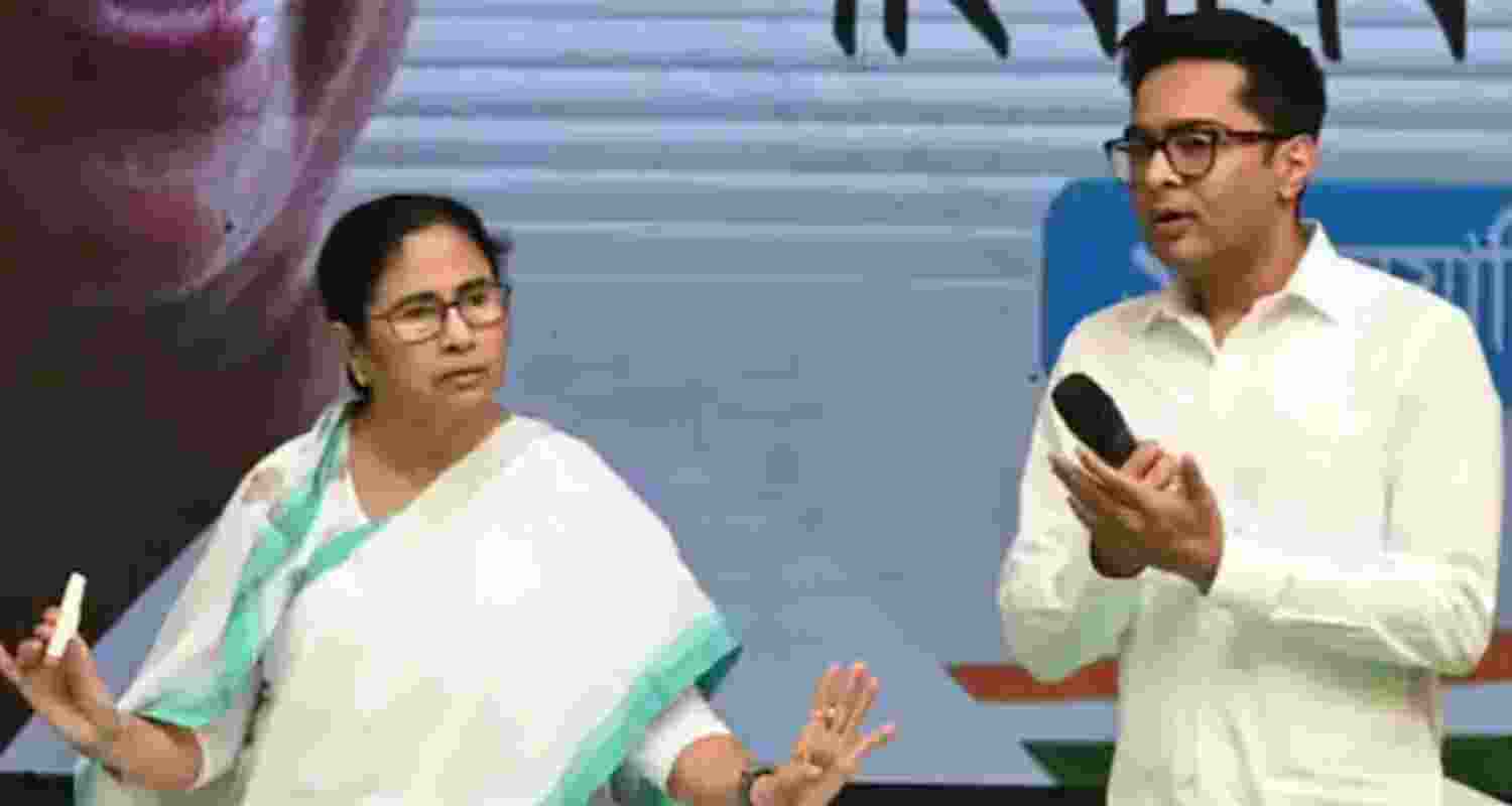 Former Chief Minister of West Bengal Mamata Banerjee with TMC General Secretary Abhishek Banerjee. Former Chief Minister of West Bengal Mamata Banerjee with TMC General Secretary Abhishek Banerjee.