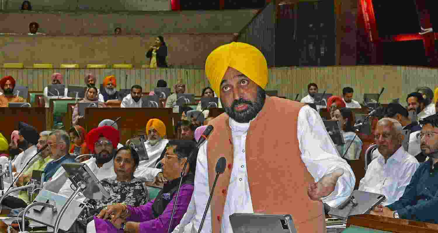 Punjab Chief Minister Bhagwant Mann speaks during a one-day special session of the Punjab Legislative Assembly, in Chandigarh, Monday. Punjab Chief Minister Bhagwant Mann speaks during a one-day special session of the Punjab Legislative Assembly, in Chandigarh, Monday.