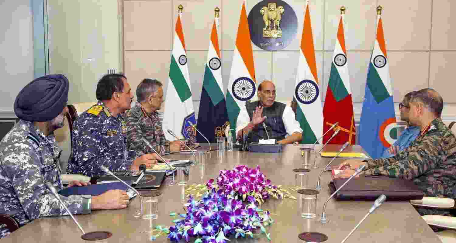 Defence Minister Rajnath Singh holds a meeting with CDS General Anil Chauhan, Army Chief General Upendra Dwivedi, Navy Chief Admiral Dinesh K Tripathi, IAF Chief Air Chief Marshal AP Singh, in New Delhi, on May 9, 2025. File photo. Defence Minister Rajnath Singh holds a meeting with CDS General Anil Chauhan, Army Chief General Upendra Dwivedi, Navy Chief Admiral Dinesh K Tripathi, IAF Chief Air Chief Marshal AP Singh, in New Delhi, on May 9, 2025. File photo.
