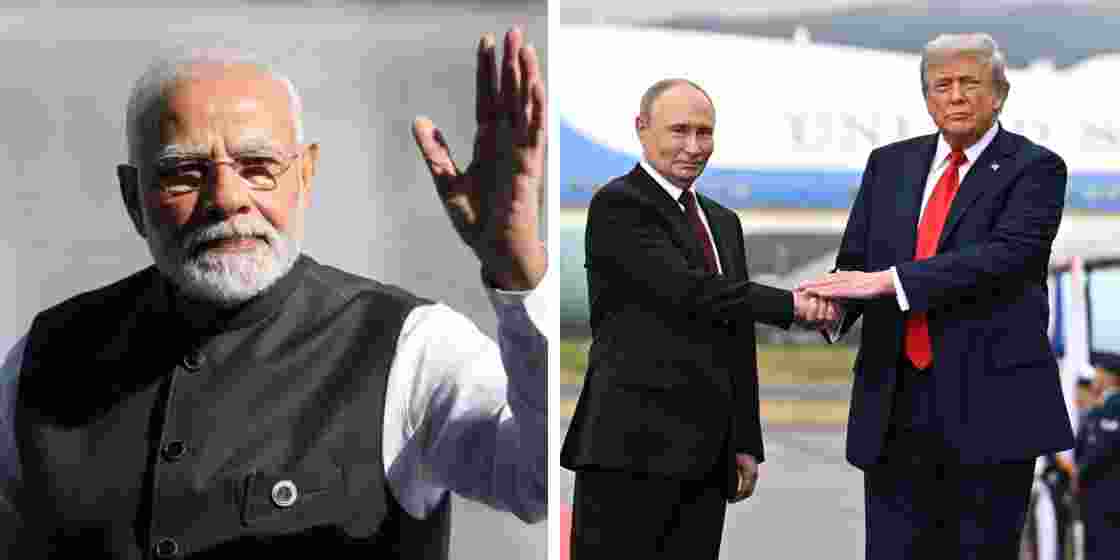A file photo of Prime Minister Narendra Modi (L). Russian President Vladimir Putin and US President Donald Trump at their Alaska meet (R). A file photo of Prime Minister Narendra Modi (L). Russian President Vladimir Putin and US President Donald Trump at their Alaska meet (R).