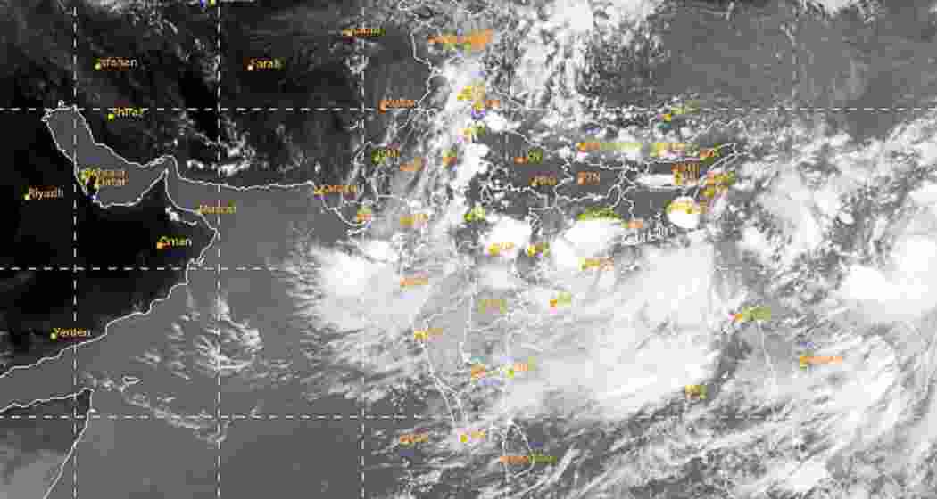 An IMD satellite image shows dense cloud formations associated with a well-marked low-pressure area over the northwest Bay of Bengal, driving an active monsoon spell across central and western India. An IMD satellite image shows dense cloud formations associated with a well-marked low-pressure area over the northwest Bay of Bengal, driving an active monsoon spell across central and western India.