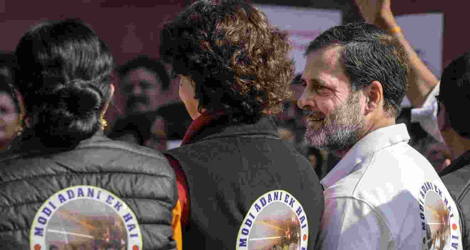 Leader of Opposition in the Lok Sabha Rahul Gandhi with Congress MP Priyanka Gandhi at a protest of opposition MPs during the Winter session of Parliament, in New Delhi, Thursday. Leader of Opposition in the Lok Sabha Rahul Gandhi with Congress MP Priyanka Gandhi at a protest of opposition MPs during the Winter session of Parliament, in New Delhi, Thursday.