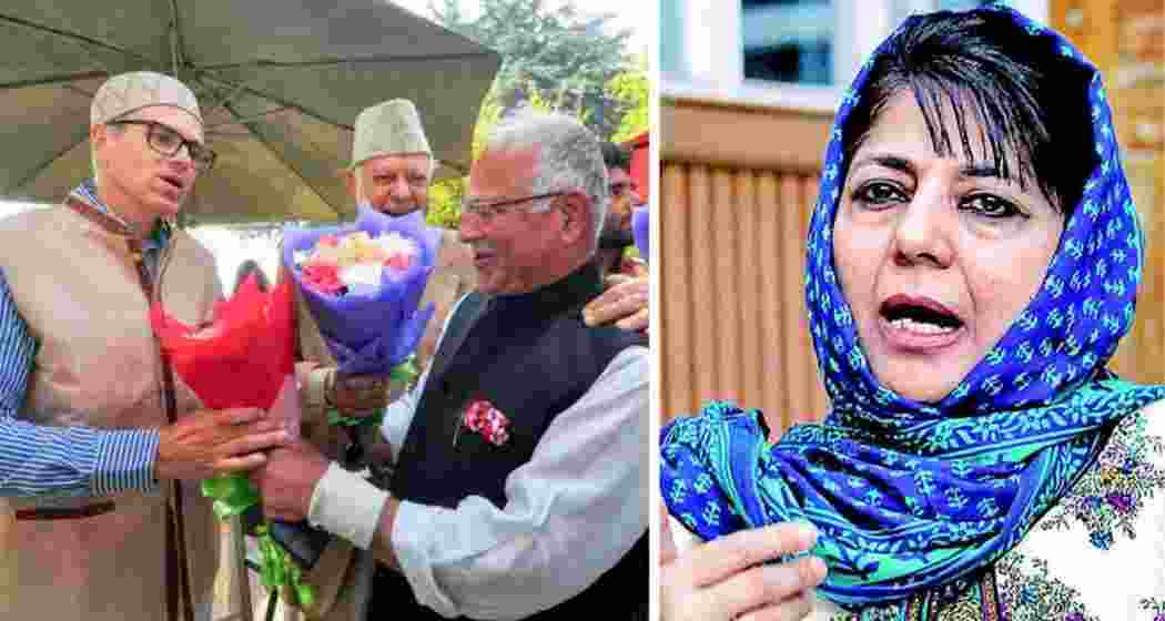 (On left) Omar Abdullah, CM of J&K, with Tariq Hamid Karra, JKPCC chief. Behind them, Farooq Abdullah, NC president, and on the right, JKPDP chief Mehbooba Mufti. (On left) Omar Abdullah, CM of J&K, with Tariq Hamid Karra, JKPCC chief. Behind them, Farooq Abdullah, NC president, and on the right, JKPDP chief Mehbooba Mufti.