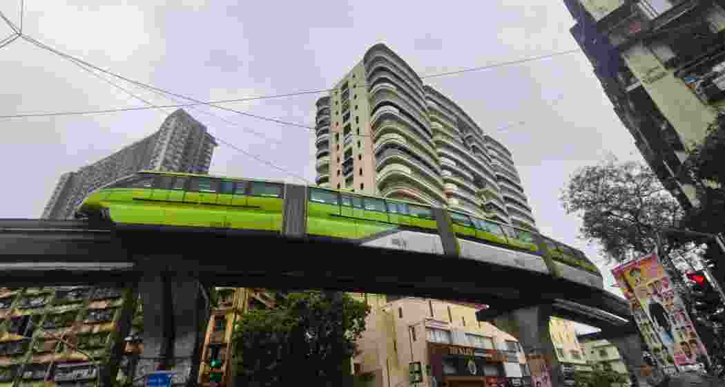 A Mumbai monorail train stuck mid-way near Wadala station following a technical snag on Monday. A Mumbai monorail train stuck mid-way near Wadala station following a technical snag on Monday.