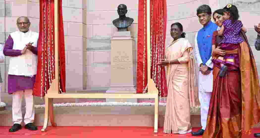 President Droupadi Murmu, Vice-President C P Radhakrishnan and members of Rajaji’s family, pose after the unveiling of Chakravarti Rajagopalachari’s bust at Rashtrapati Bhavan in New Delhi on Monday. President Droupadi Murmu, Vice-President C P Radhakrishnan and members of Rajaji’s family, pose after the unveiling of Chakravarti Rajagopalachari’s bust at Rashtrapati Bhavan in New Delhi on Monday.