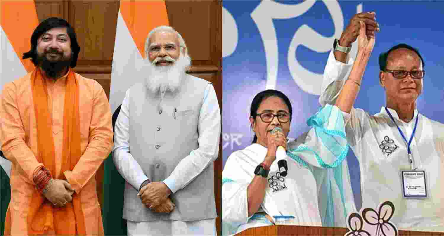 Union Minister of State for Home Nisith Pramanik with Prime Minister Narendra Modi (left), West Bengal Chief Minister Mamata Banerjee with TMC's Jagadish Chandra Barma Basunia. Union Minister of State for Home Nisith Pramanik with Prime Minister Narendra Modi (left), West Bengal Chief Minister Mamata Banerjee with TMC's Jagadish Chandra Barma Basunia.