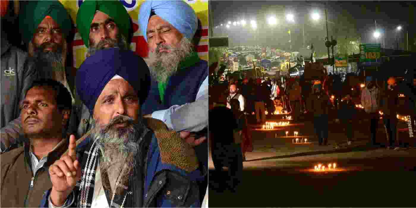 Farmer leader Sarwan Singh Pandher with others addresses the media during the ongoing farmers protest over various demands at the Punjab-Haryana Shambhu Border, in Patiala district, Saturday (left). Candles are lit on a highway near tractors and trolleys of the protesting farmers in tribute to a youth who was allegedly killed in Police action at Khanauri border amid their ongoing protest, during a candlelight vigil at the Punjab-Haryana Shambhu border on Saturday (right). Farmer leader Sarwan Singh Pandher with others addresses the media during the ongoing farmers protest over various demands at the Punjab-Haryana Shambhu Border, in Patiala district, Saturday (left). Candles are lit on a highway near tractors and trolleys of the protesting farmers in tribute to a youth who was allegedly killed in Police action at Khanauri border amid their ongoing protest, during a candlelight vigil at the Punjab-Haryana Shambhu border on Saturday (right).